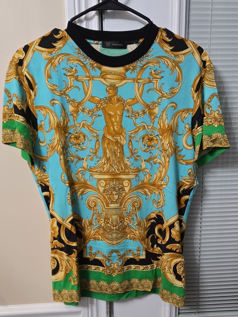 Versace Turquoise, Gold & Black Baroque Print Tee with Green Accents